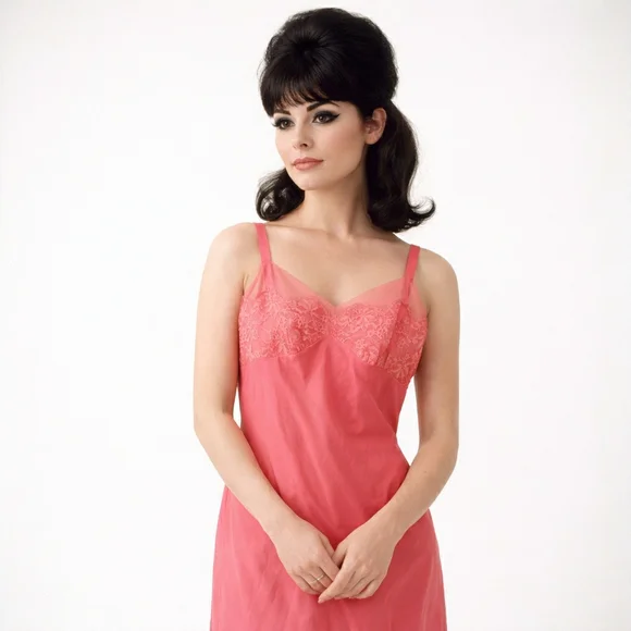 1960s Vintage 40" Bust Pink Lace Half Dress Slip Nightgown Loungewear #16 - Picture 1 of 11